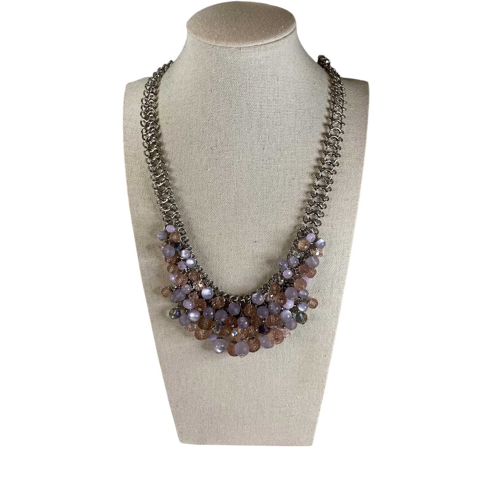 0094 Ann Taylor Factory Purple Silver Tone Cha-Cha Bead Statement Necklace Nwt 25$